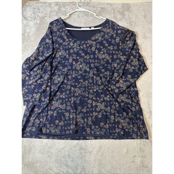Susan Graver Liquid Knit Navy Floral 3/4 Sleeve Top Womens 3X - Picture 3 of 9